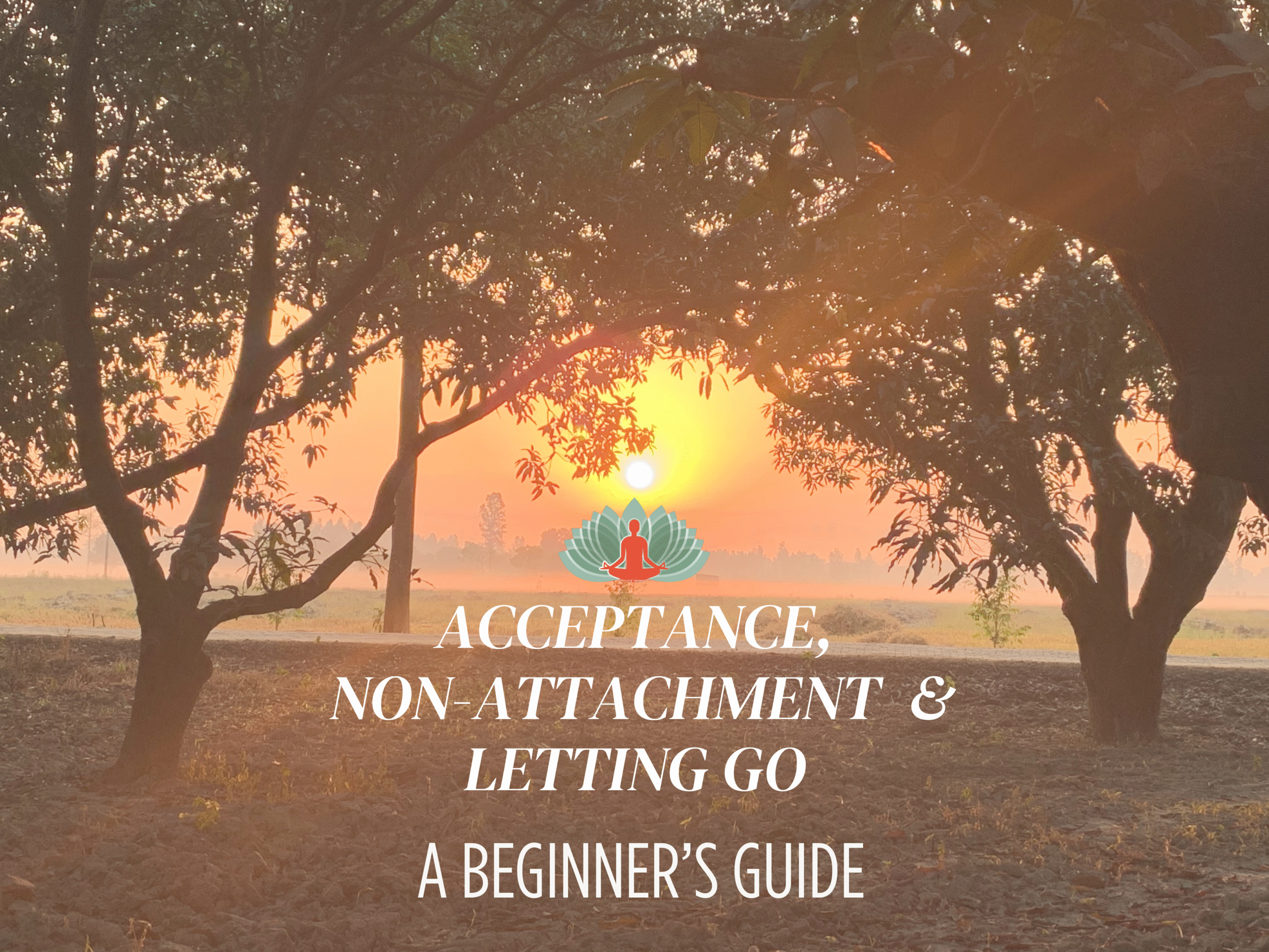 Minimalist green blog cover with bold white text that reads ‘Acceptance, Non-Attachment & Letting Go — A Beginner’s Guide.’ Simple, calm design for a yoga philosophy article by Akshara Yoga School.