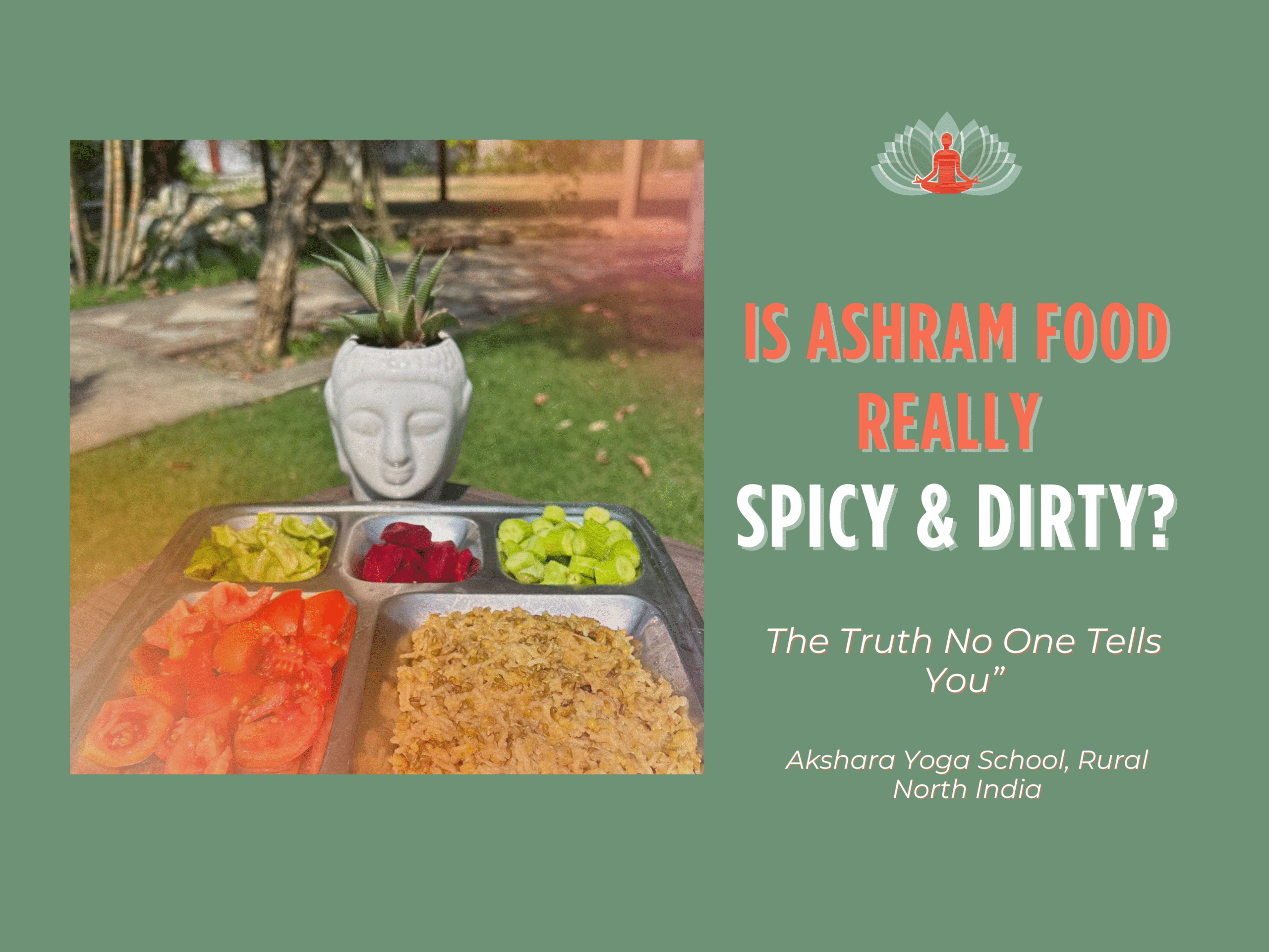 A healthy sattvic Indian meal served at Akshara Yoga School, a modern ashram in rural North India — featuring organic farm vegetables, curd, and khichdi in a stainless-steel thali beside a Buddha planter under sunlight.