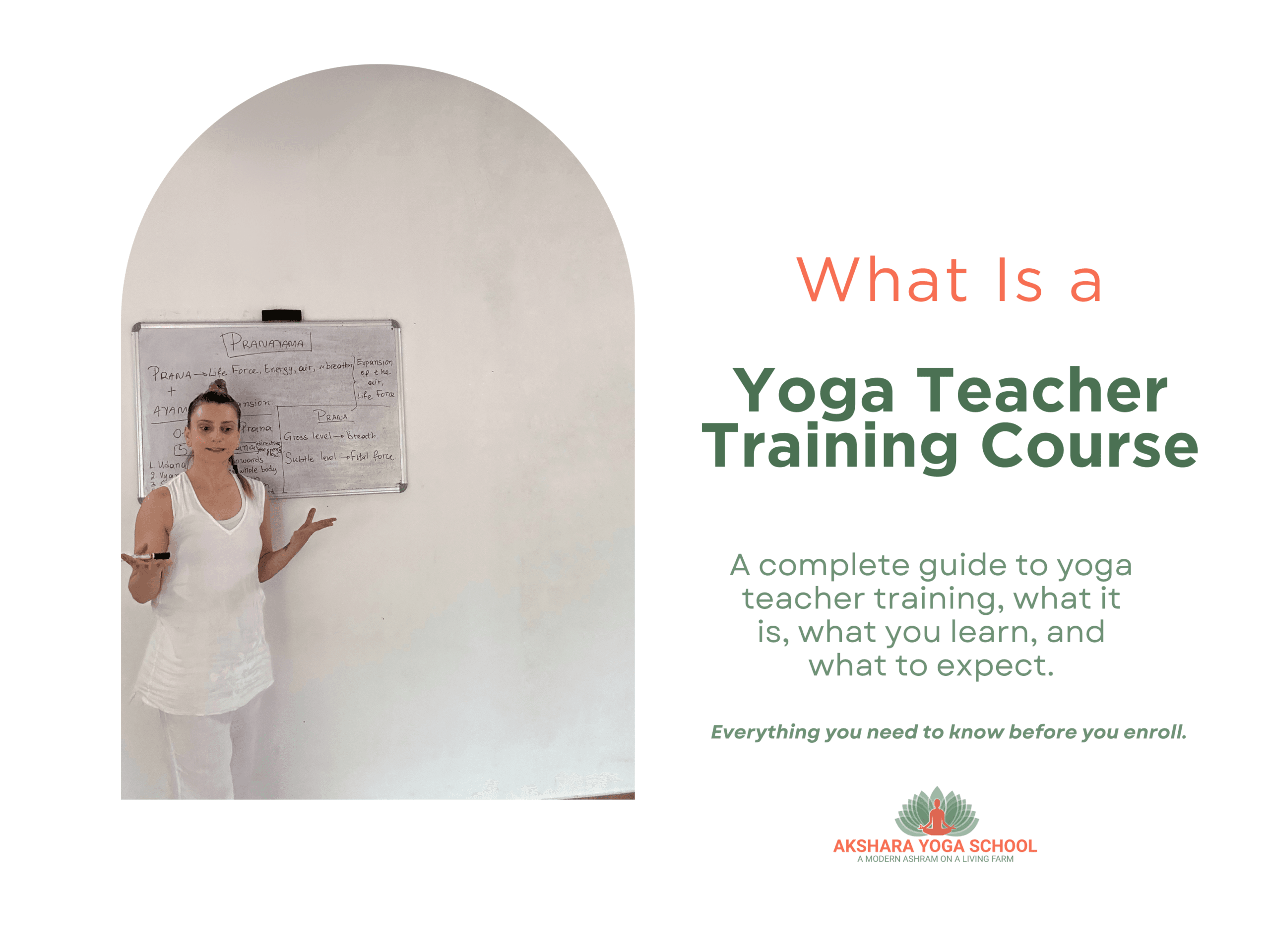 Yoga teacher Varvara teaching a pranayama theory class at Akshara Yoga School, rural India, with notes on a whiteboard for yoga teacher training course