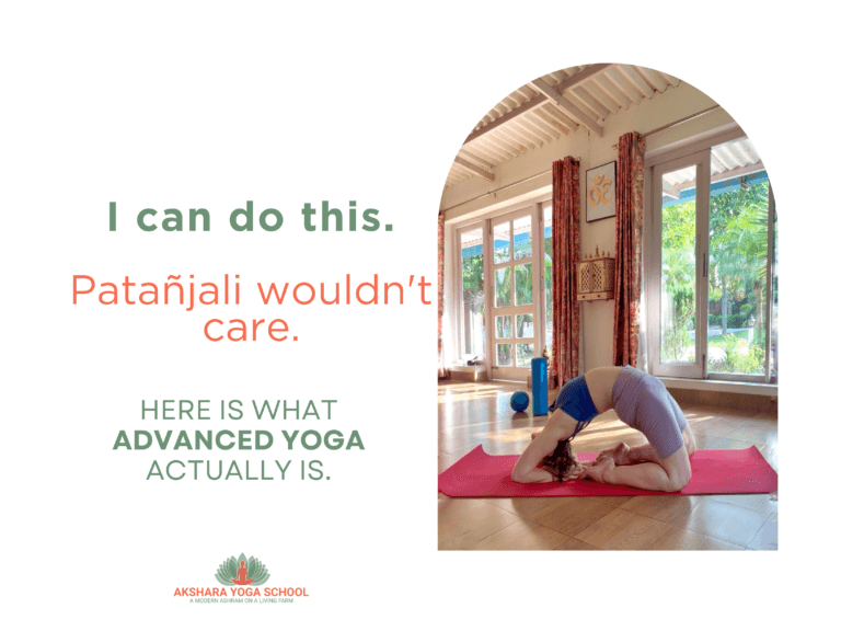 Yoga practitioner performing a deep backbend in a yoga studio with the text "I can do this. Patañjali wouldn't care. Here is what advanced yoga actually is."