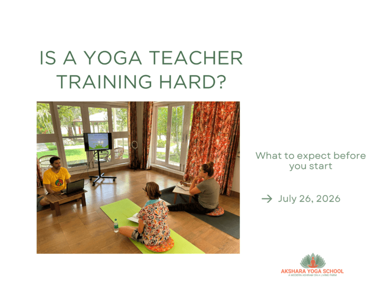Yoga teacher training class at Akshara Yoga School, students learning yoga philosophy indoors