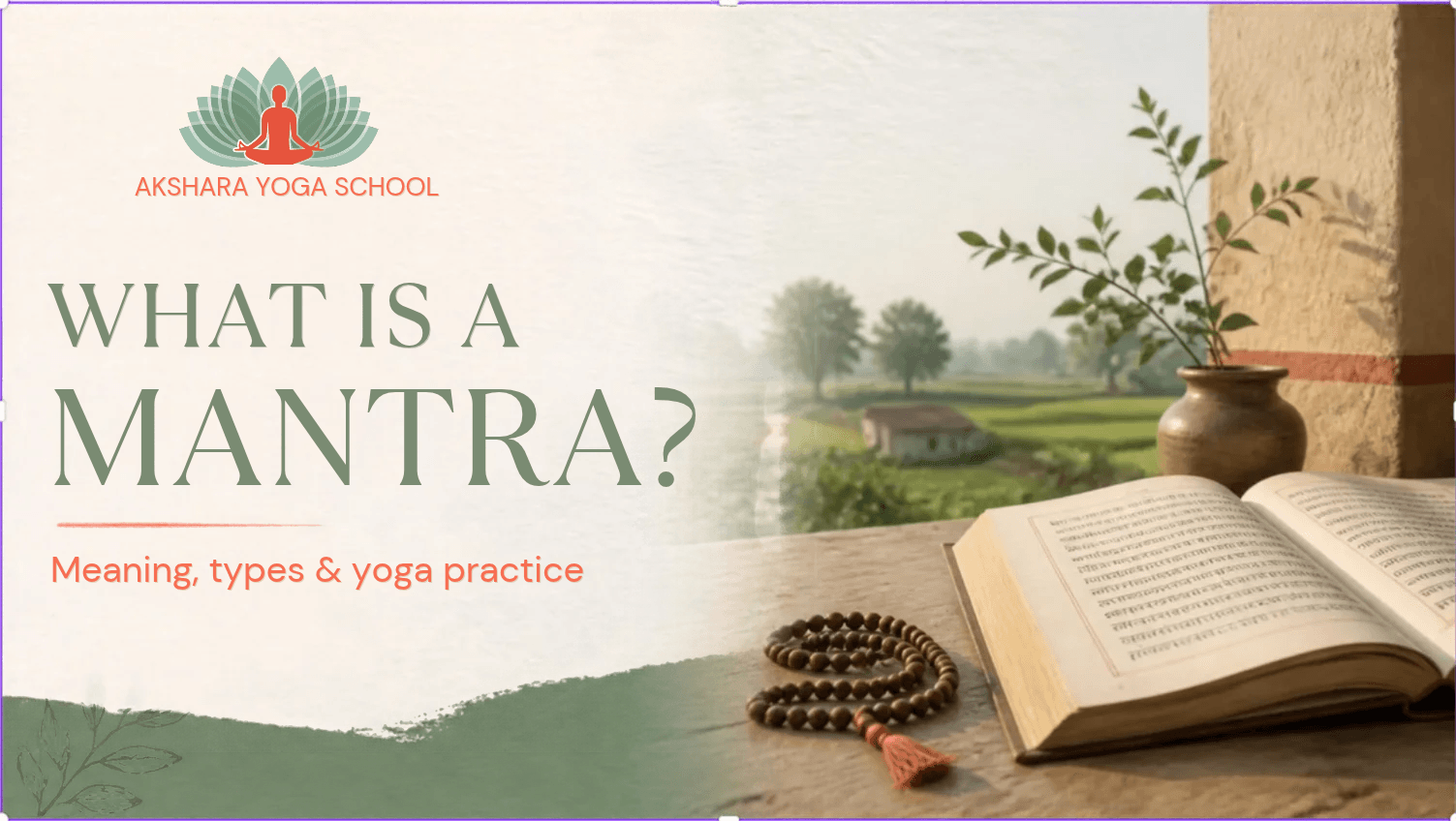 Blog thumbnail about mantra meaning, featuring an open Sanskrit text, prayer beads, and a peaceful rural Indian landscape.